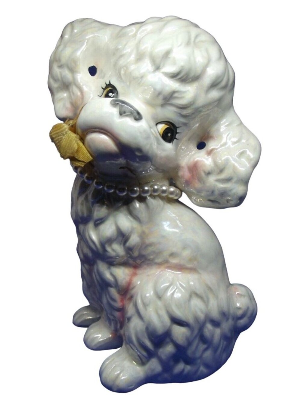Vintage White Poodle Dog Pearl Necklace Flower Shiny Porcelain Bank Figurine 7"